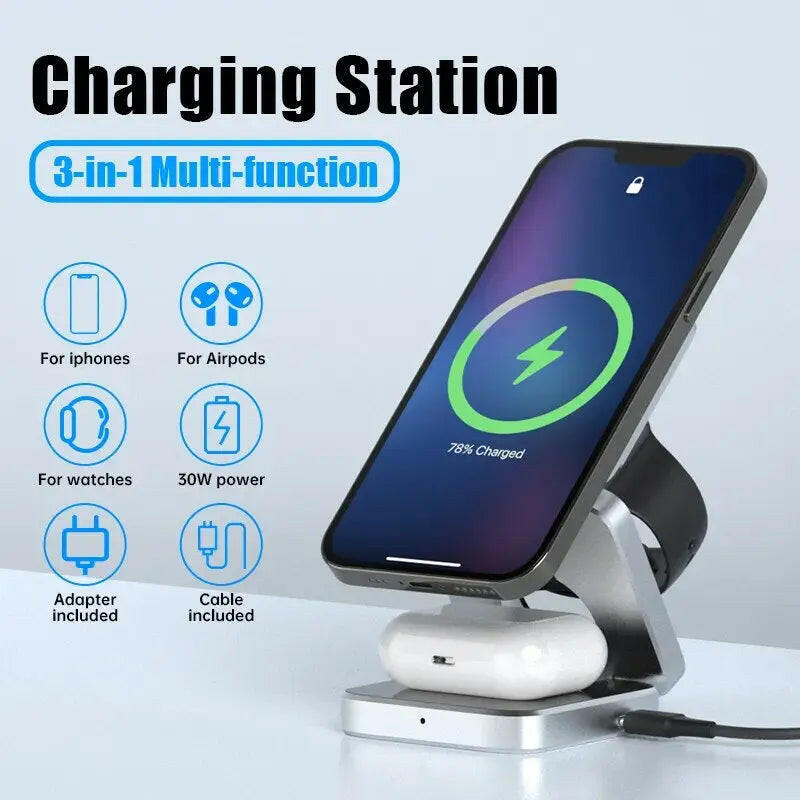 3 in 1 Foldable Magnetic Wireless Charger Stand for Iphone 15, 14, 13 Pro/Max/Plus, Airpods 3/2 Station Dock Fast Charger Holder - RtrStore