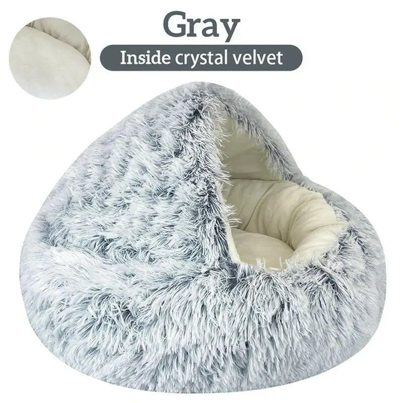 2-in-1 Winter Long Plush Pet Cat Bed Round Cushion House for Small Dog and Cat - RtrStore