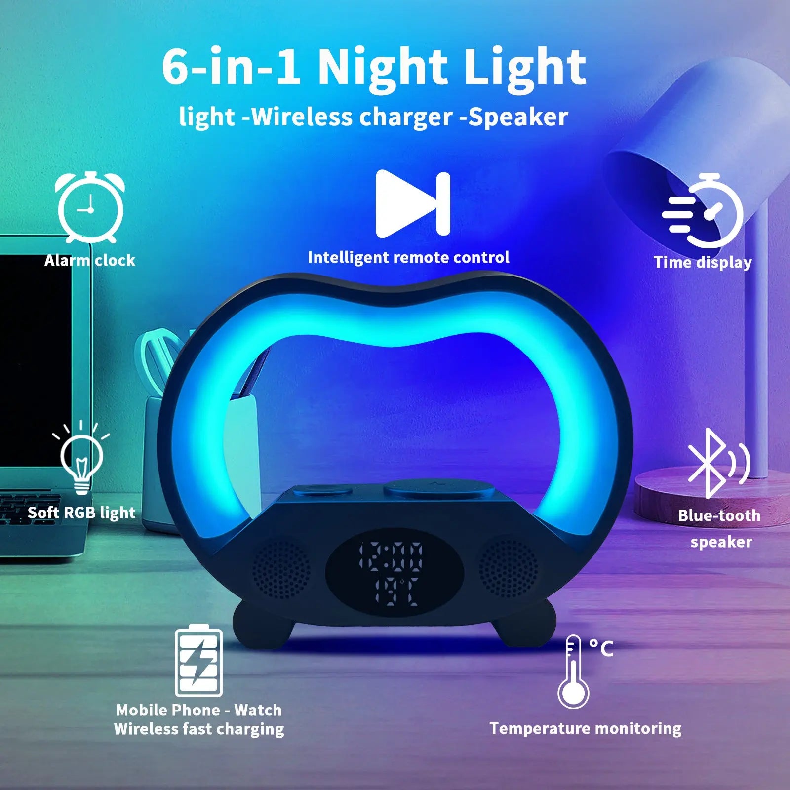 2024 6-in-1 Smart LED Table Lamp: Bluetooth, Wireless Charger, Speaker & More Unbranded