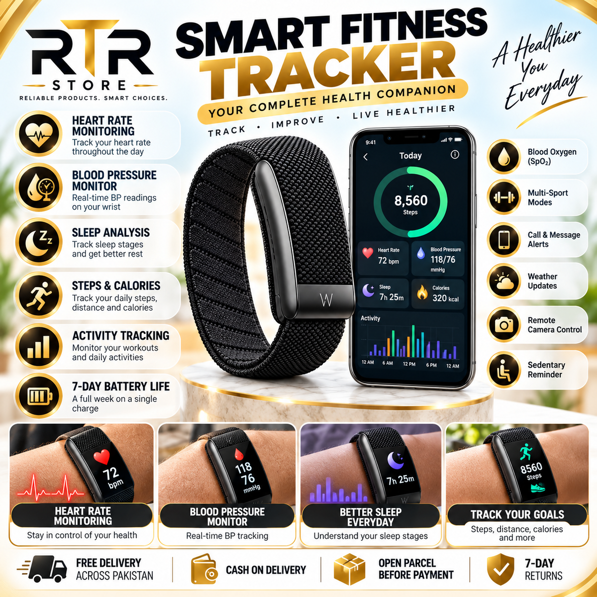 Smart Fitness Tracker – Heart Rate, BP & Sleep Monitor